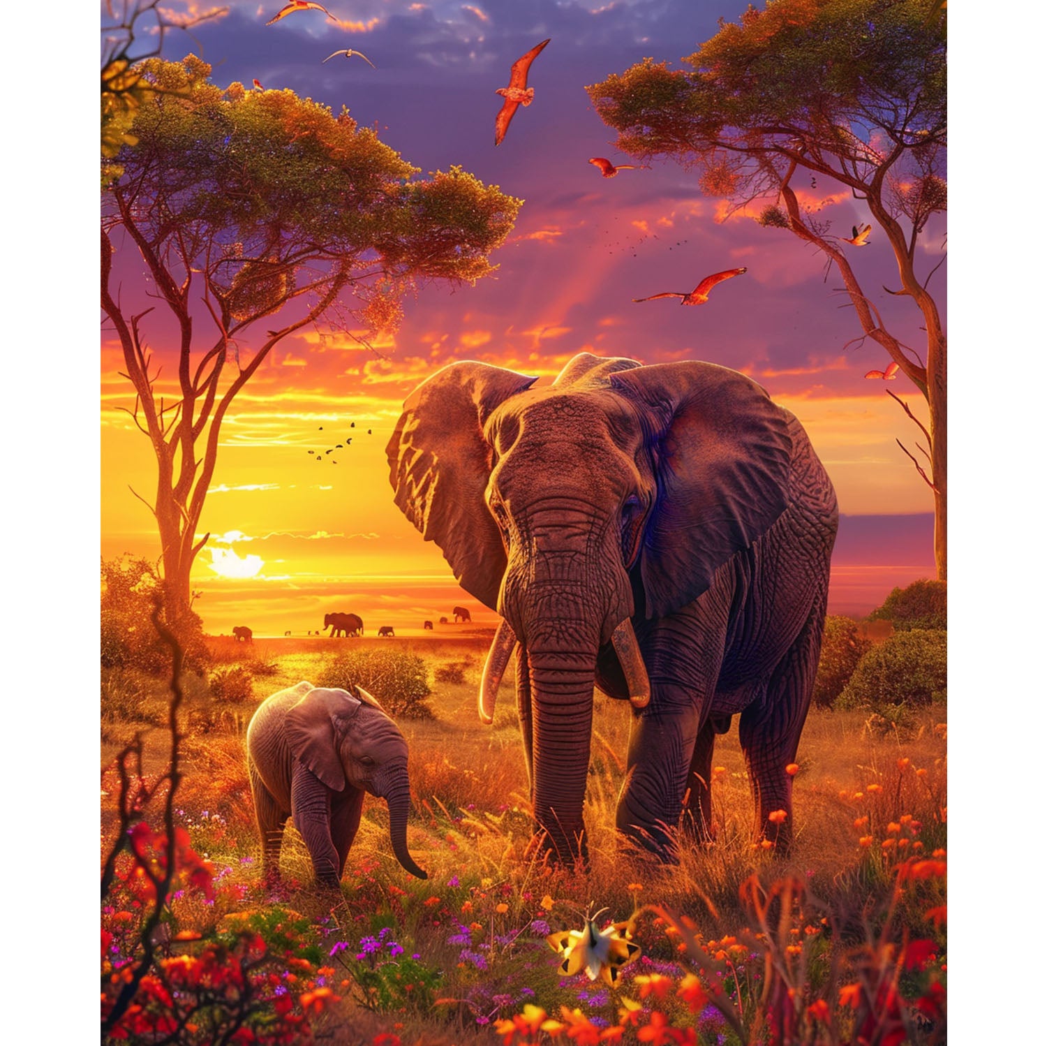 Abendsonne über Elefanten - Diamond Painting