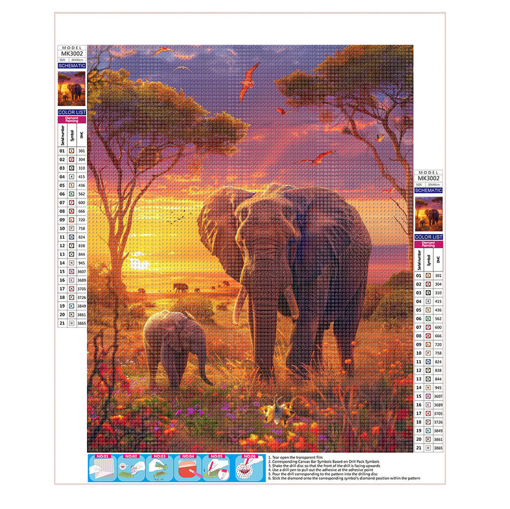 Abendsonne über Elefanten - Diamond Painting