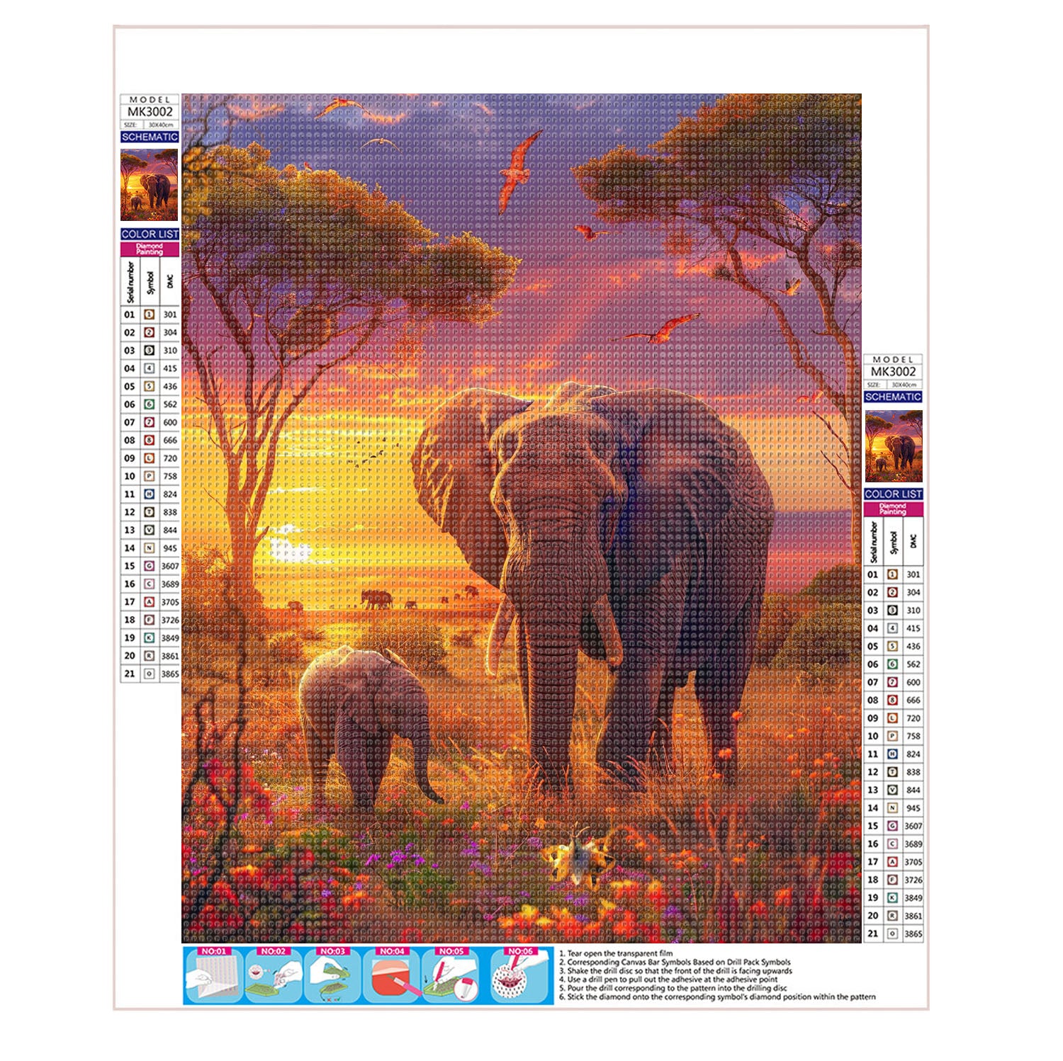 Abendsonne über Elefanten - Diamond Painting