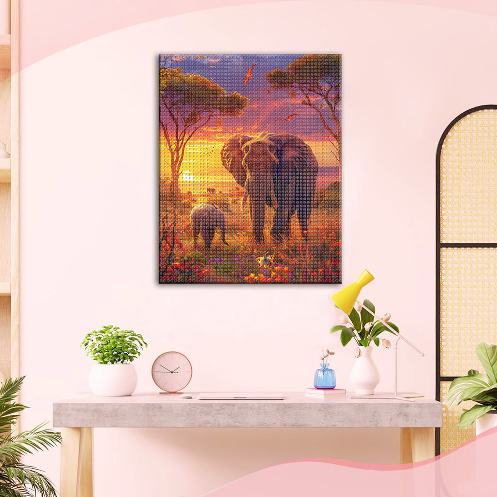 Abendsonne über Elefanten - Diamond Painting