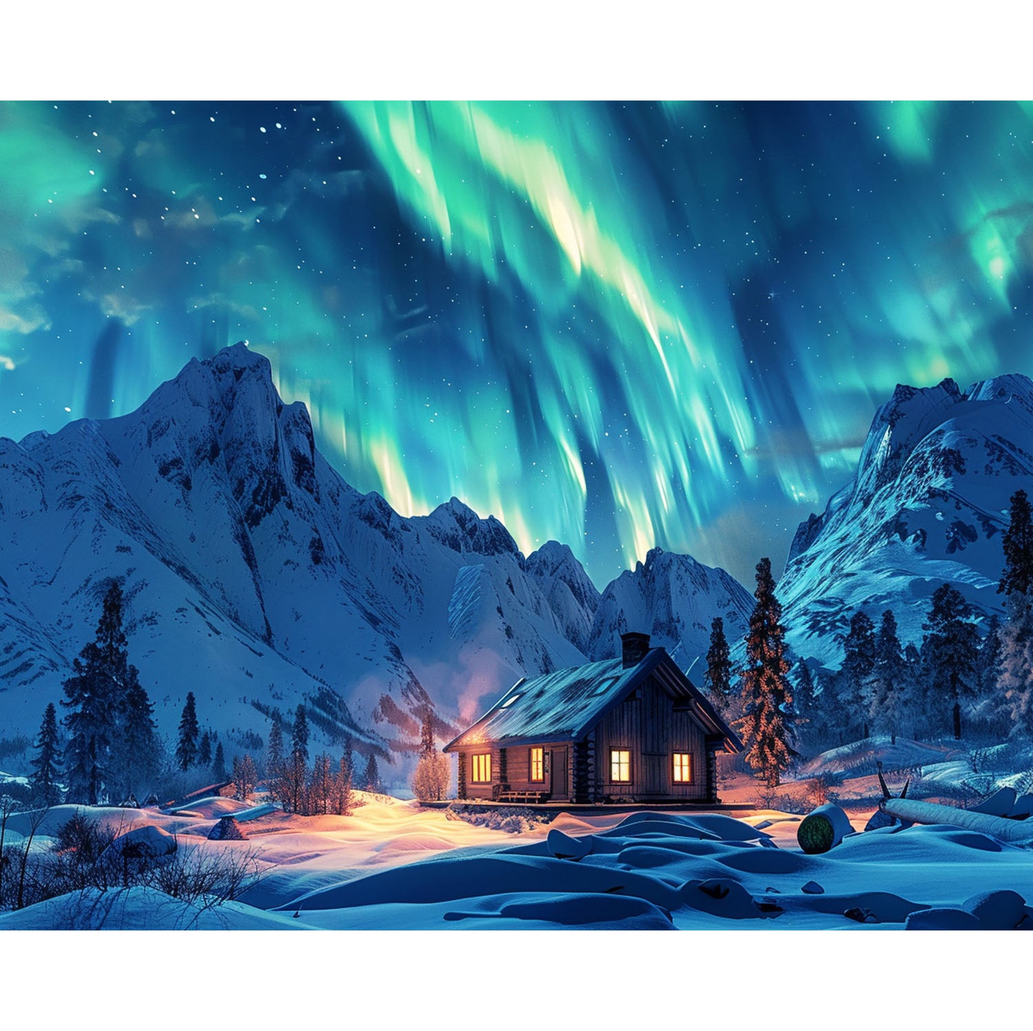 Aurora - Hütte in Schnee - Diamond Painting
