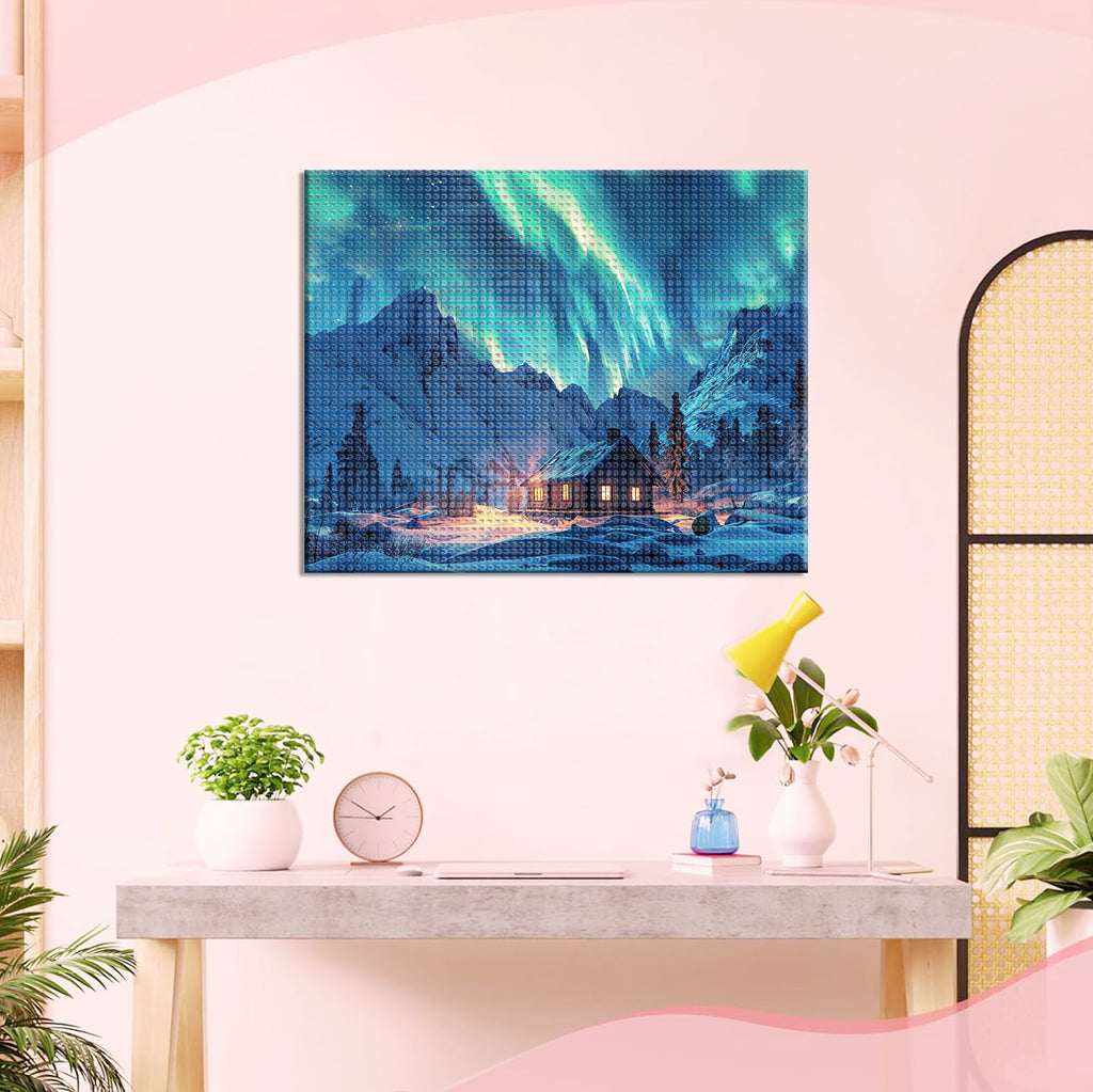 Aurora - Hütte in Schnee - Diamond Painting