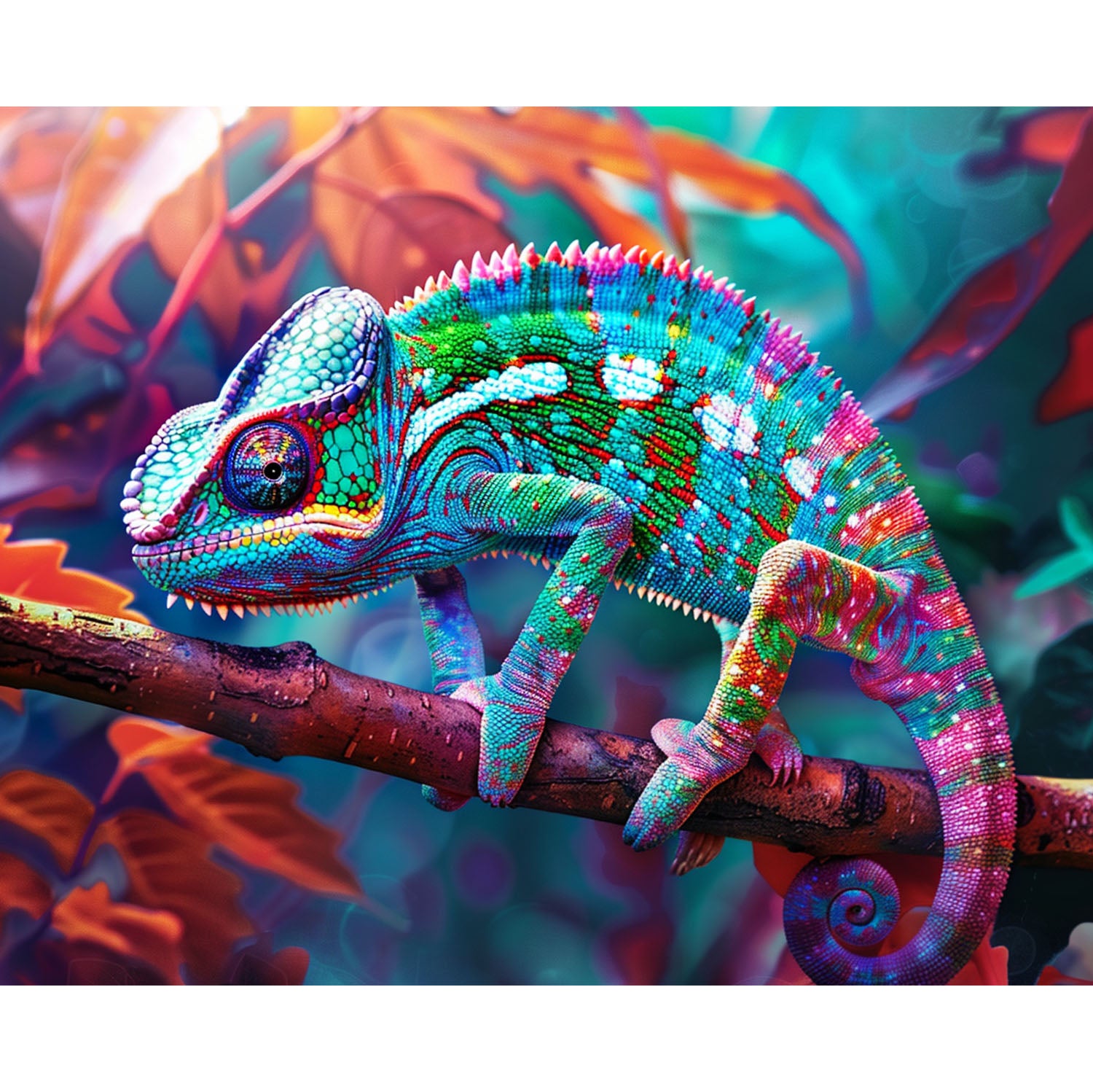 Bunter Chamäleon auf Zweig - Diamond Painting