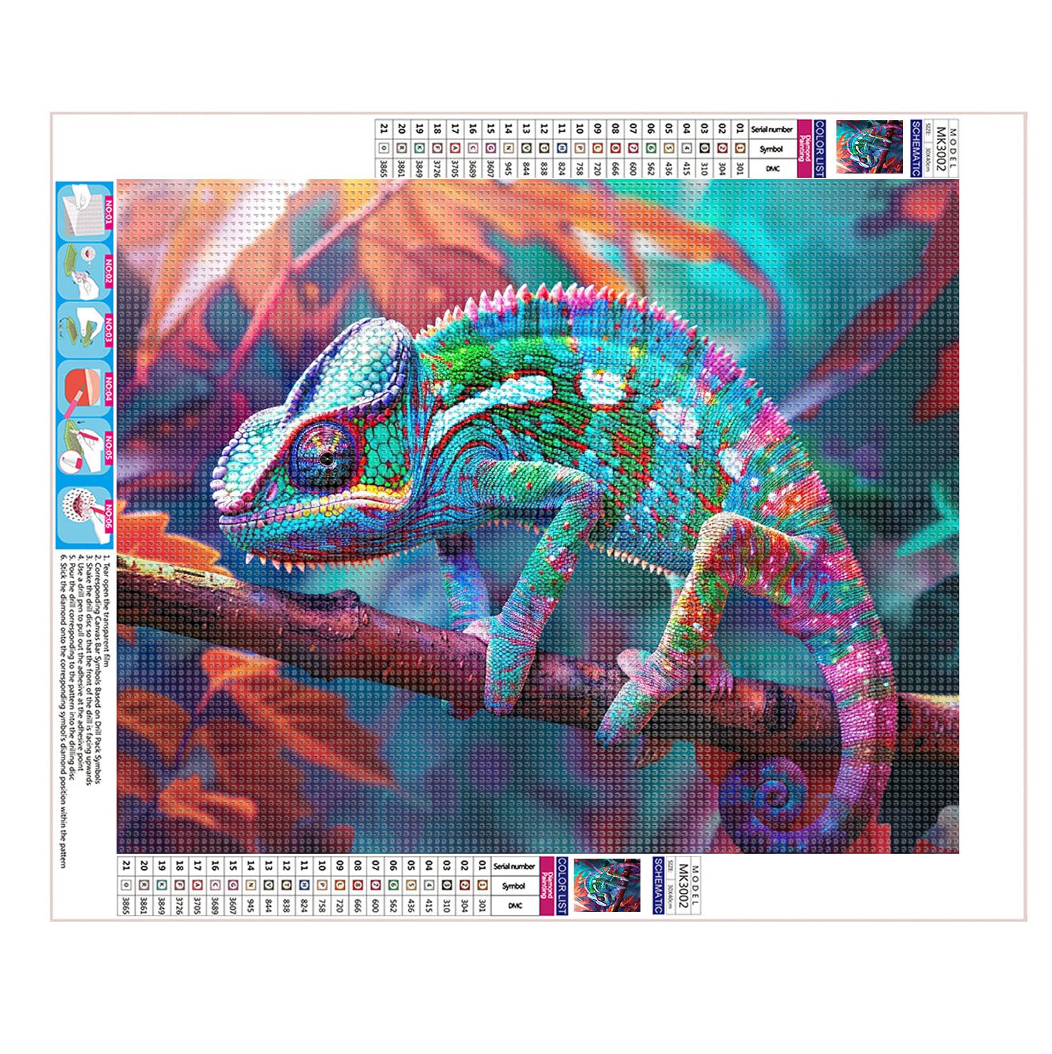 Bunter Chamäleon auf Zweig - Diamond Painting