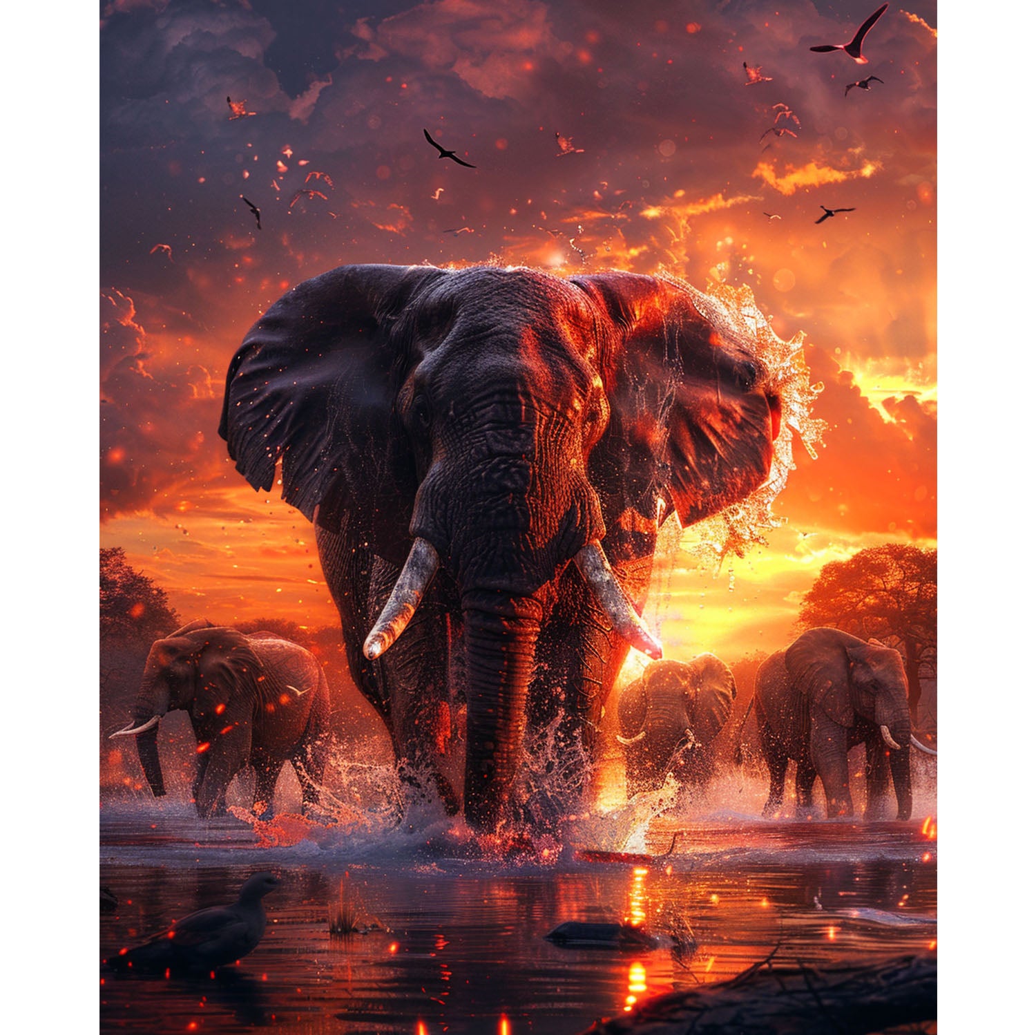 Elefantenherde bei Dämmerung - Diamond Painting