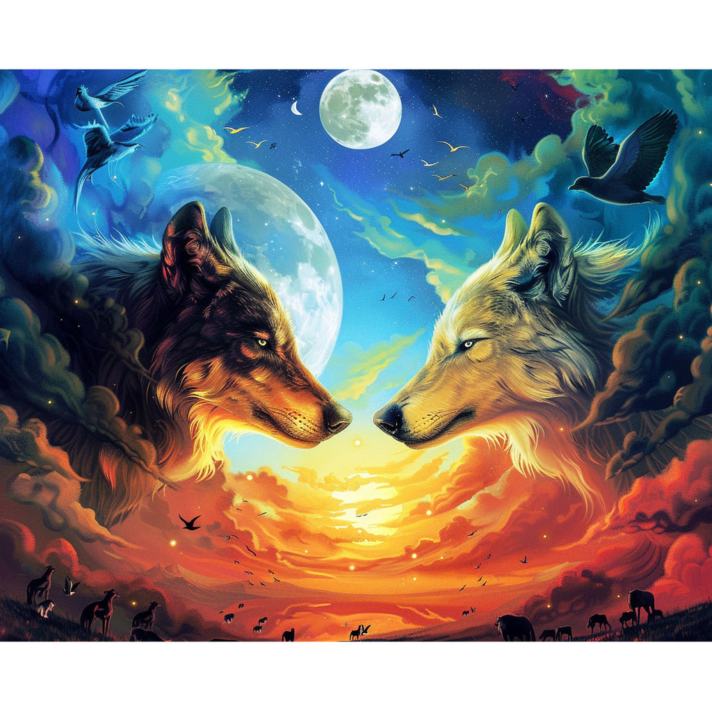 Zwei Wölfe blicken zum Mond - Diamond Painting