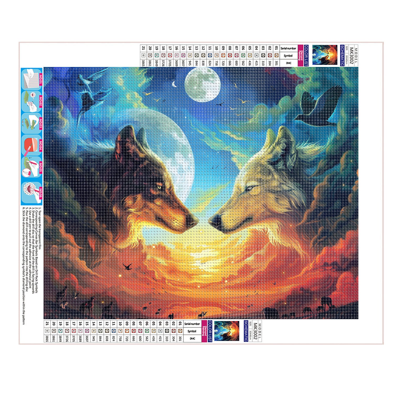 Zwei Wölfe blicken zum Mond - Diamond Painting