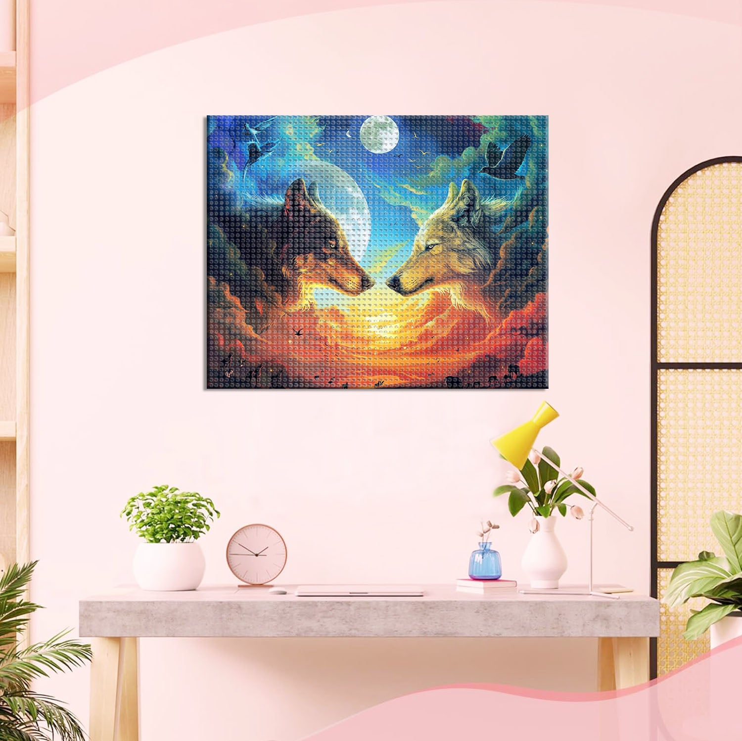 Zwei Wölfe blicken zum Mond - Diamond Painting